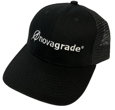 A black snapback hat with white stitched lettering on the front displaying the brand name 'novagrade'.